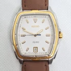 Vintage Seiko SQ 100 Watch Men Two Tone White Dial Date 7N42-5000
