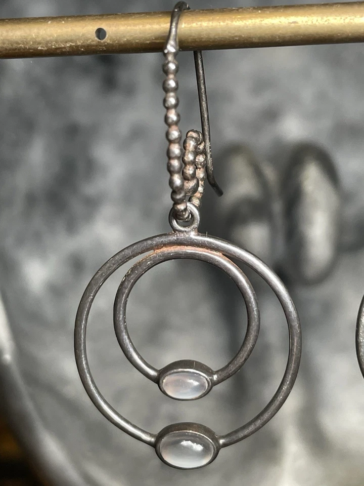 Pandora Sterling Silver Moonstone Double Hoop Dangle Earrings RARE - Image 2 of 4