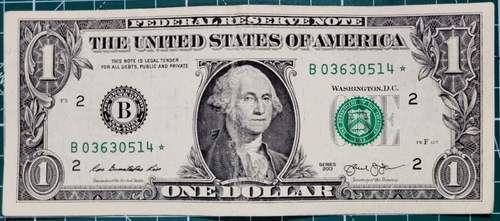2013 $1 Dollar Star Note Duplicate Serial Number B03630514* FW B Series Error - Picture 2 of 3