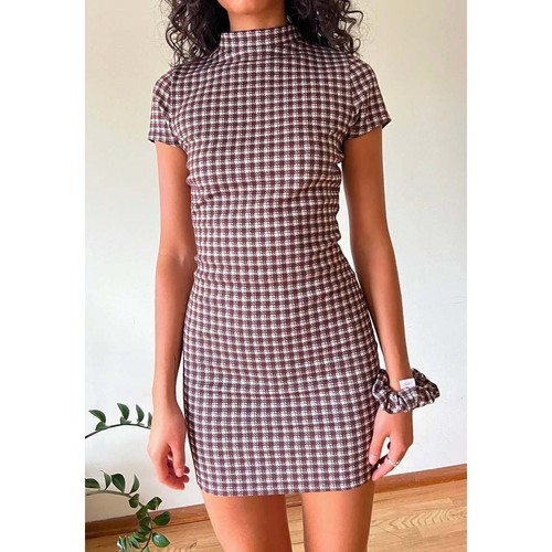 Lisa Says Gah Size 3X Brown Cocoa Plaid Tai Mini Dress Keyhole Back Bodycon Fall