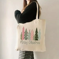 Tote bag Christmas Trees Canvas Tote Bag Reusable Sturdy with "Merry Christmas"