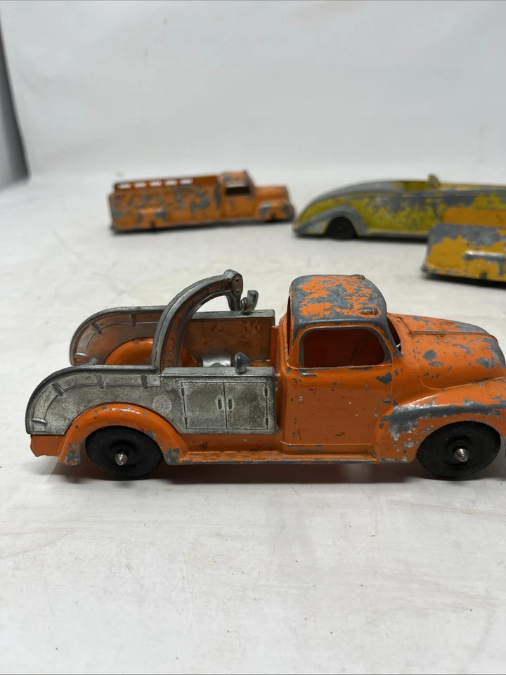 Vintage Cast Iron Cars Trucks Toy Lot Tootsietoy Hubley Die Orange Yellow Blue - Image 2 of 4