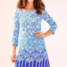 WOMEN'S LILY PULITZER TROPICAL PALM TREE VACATION BAY DRESS IN WHISPER BLUE