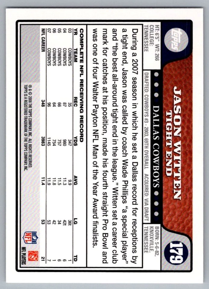 2008 Topps Chrome Refractors Jason Witten Dallas Cowboys #TC96 - Image 2 of 2