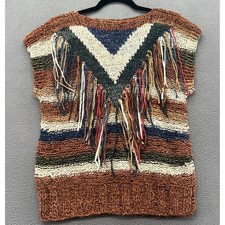 VTG Hand Knit Leather Fringe Vest Striped Chevron Sleeveless Sweater Brown Sz M