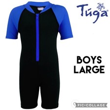 TUGA Boys Wetsuit Black Blue 1mm Neoprene Short Sleeve 1/2 Zip 50 UPF Youth L