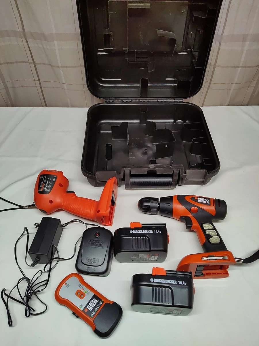 Black Decker 14.4v combo drill light 2 batteries charger studfinder case