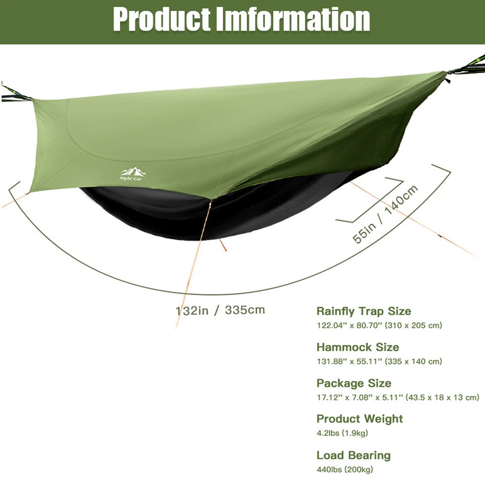 Night Cat 1 Person Camping Hammock Tent 4 in 1 with Rain Tarp and Mosquito Net - Image 2 of 4