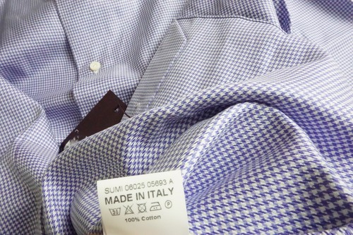Isaia Cotton White Purple Houndstooth Plaid Spread Collar Shirt 17 BRAND NEW - Picture 4 of 6