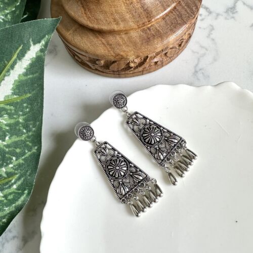 Antiqued Silver Tone Tassel Bead Jhumka Earrings Chandelier Indian Bollywood NEW