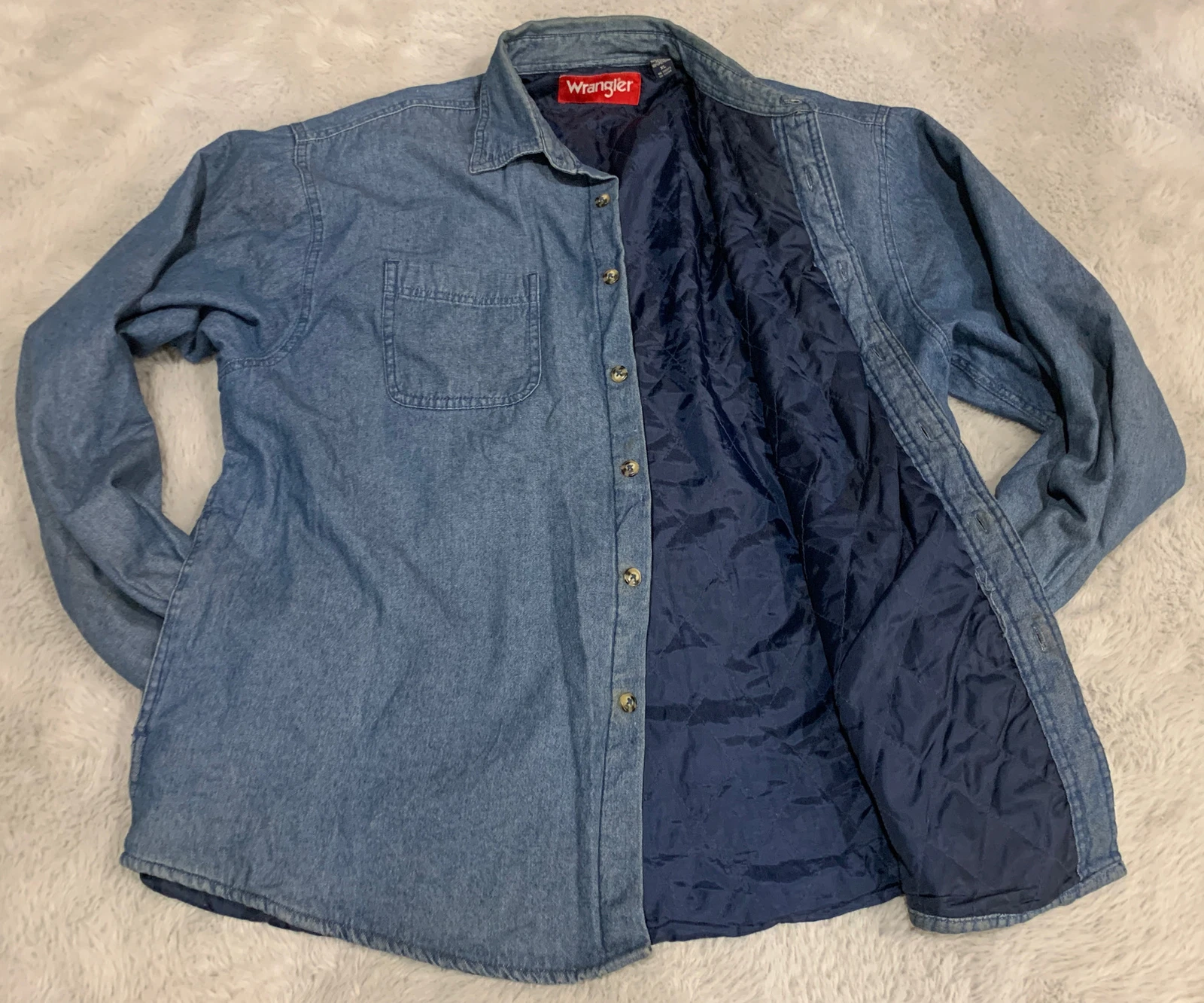 Vintage WRANGLER Blue Jean Quilted Lining Mens XL Work Outdoor Long Sleeve Shirt