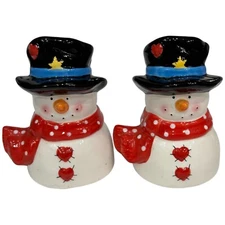 Vintage Snowman Hats Hearts Valentine Mr Mrs Couple Salt and Pepper Shakers