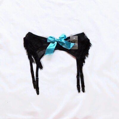 Hot Topic Black Fishnet Mesh Fringe Lingerie Garter Belt Blue Satin Bow  Size S M