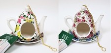NEW ESSCHERT WHITE FLORAL ROSES CHINA+GOLD CHAIN TEAPOT+SAUCER BIRD FEEDER
