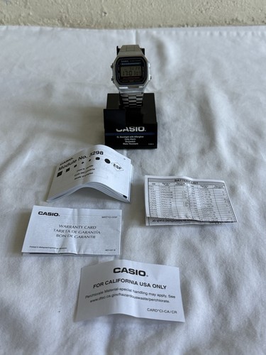 Casio A168WA Vintage Digital Silver Watch Illuminator Alarm 3298 Manual Box