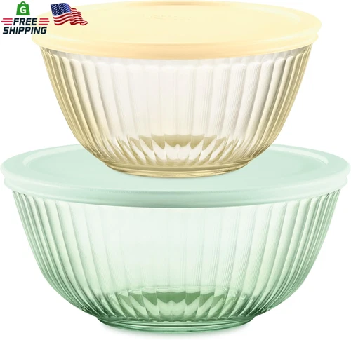 Pyrex Colors (2-Pack) Sculpted Tinted Small/Medium Glass Mixing Bowls with Lids,