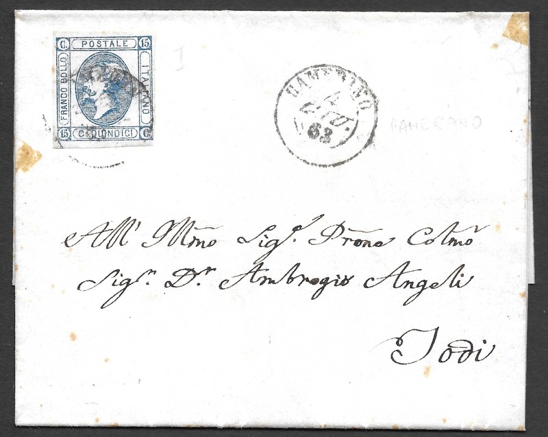 ITALY 1863 Cover CAMERANO/Jun.4-NARNI/Jun.5-TODI/Jun.7 Sa#12 Sc#23d (I)🔥$210