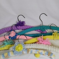 Set of 7 Vintage 1970s Crochet Covered Wooden Metal Hangers Retro Fun Colors