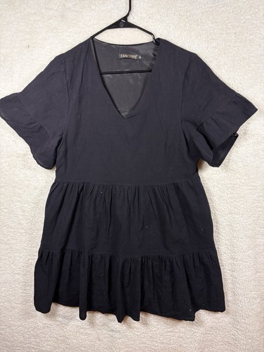 FANCYINN Womens Shift Dress Pockets Bell Sleeve Ruffle Hem V Neck Black  M Size - Bild 2 von 20