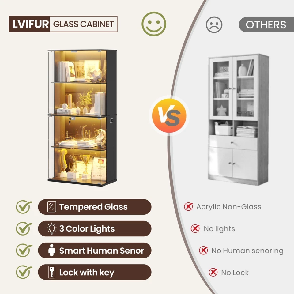 Display Cabinet with Glass Doors, 66' Curio Cabinet with Lockable and LED Lights - Image 3 of 4