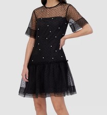 Vince Camuto Women's Black Novelty Organza Embellished Float Dress Size 10