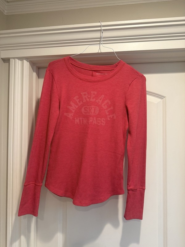 American Eagle Red Waffle Knit Crew Neck Logo Pullover Top Women's L