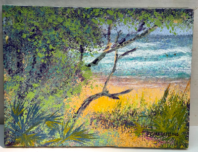 F.C MARCELLINO SIGNED OIL PAINTING NAIVE BEACH SEASCAPE COASTAL TROPICAL FAUVISM