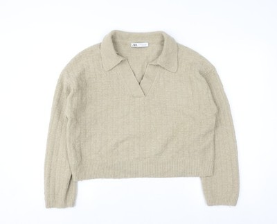 Zara Damen Strickpullover Pullover beige mit Kragen Größe S