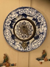 UNUSUAL ANTIQUE FRENCH WALL CLOCK BLUE &WHITE CHINA OLD LABEL & KEY 1870s CHERUB