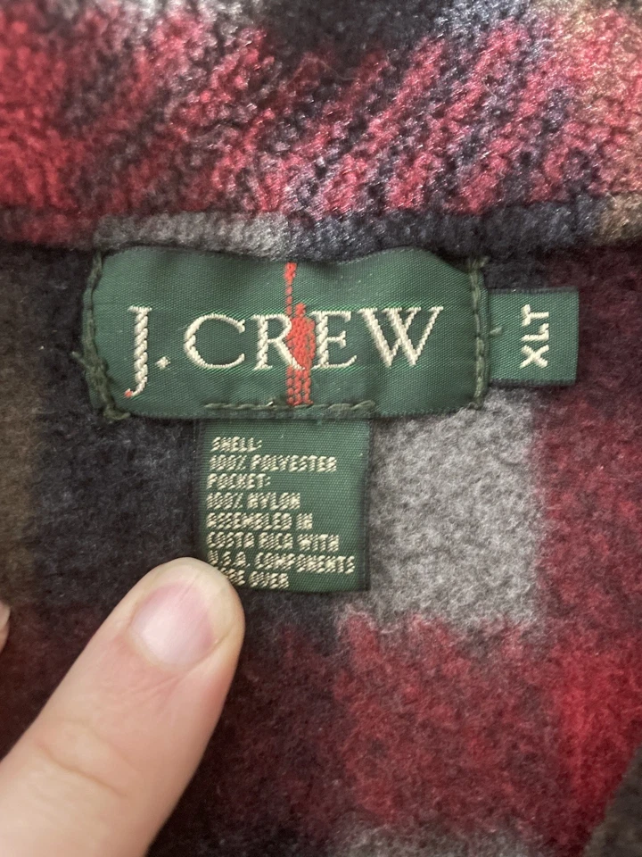 Vintage 90’s J Crew Fleece Men XL Tall Oarsman Pullover Jacket Plaid Red  - Image 2 of 4