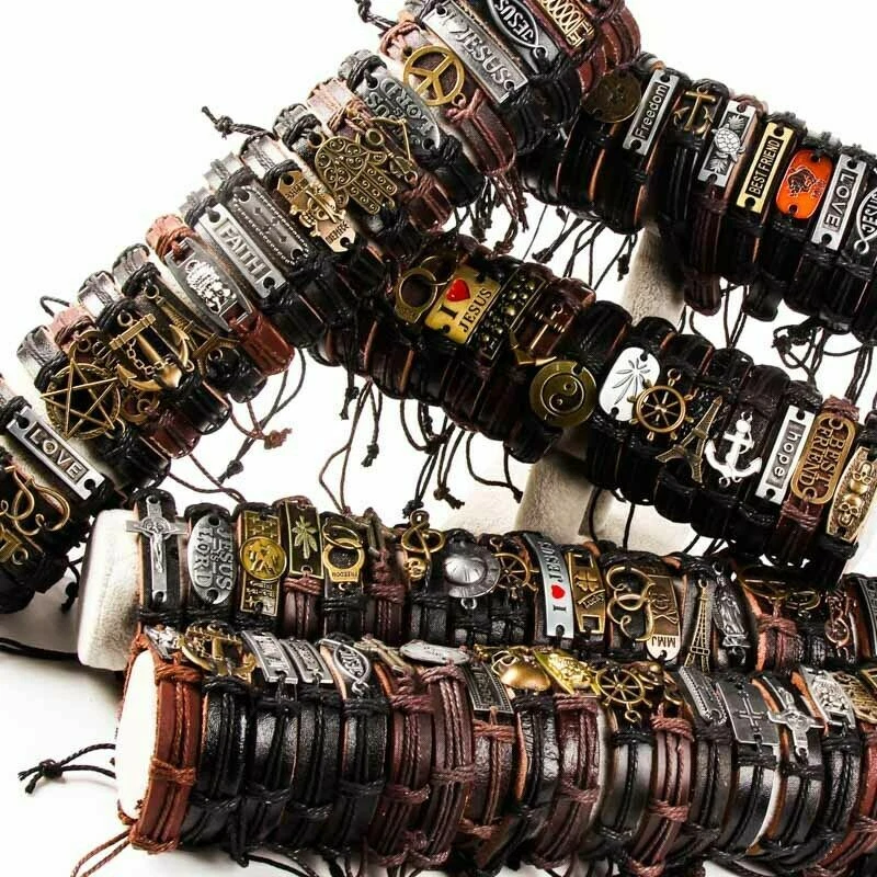 Wholesale lots 30pcs Mixed Styles Vintage Alloy leather Cuff Bracelets Jewelry - Image 3 of 4