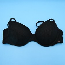 Victorias Secret Large Black Ribbed Padded Push Up Underwired Bikini Top Swim VS