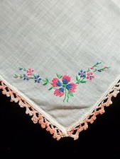 Vintage Pink  Blue Emb Hankie Flower Embroidery Handkerchief Hanky 263