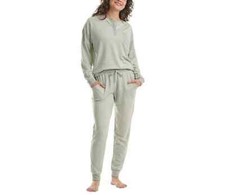 Splendid Women 2 Piece Lounge Set Henley Top Jogger Pants Green Striped Medium