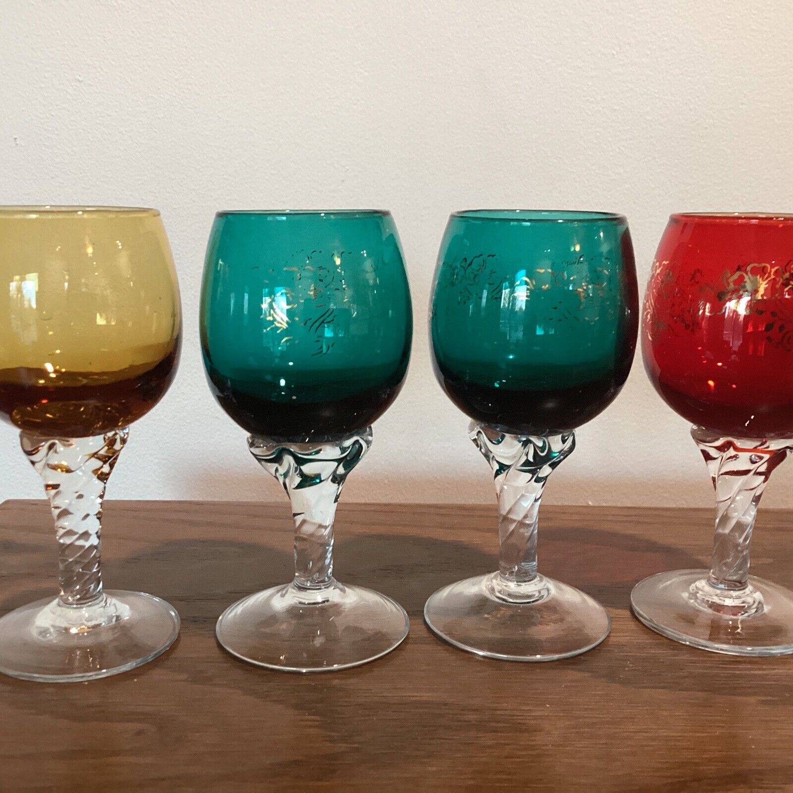 bohemian style cordial glasses colored with clear stems