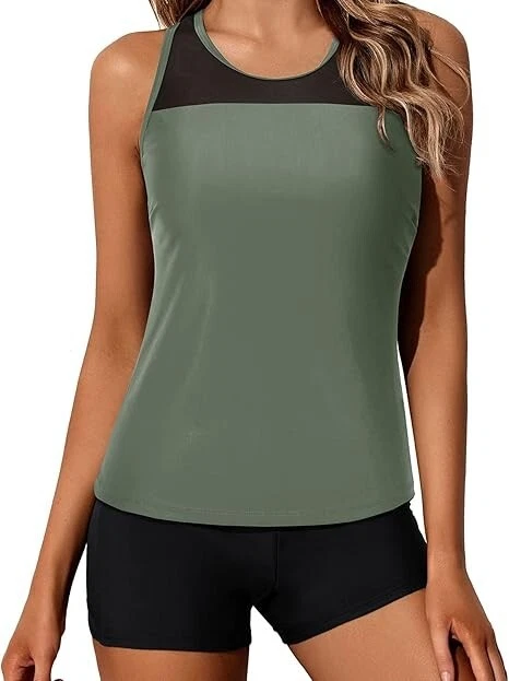 Tankini deportivo de dos piezas con pantalones cortos para mujer Yonique, verde militar, L Foto 2 de 4