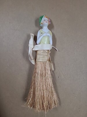 Vtg Porcelain Half Doll Half Brush Broom Lady Figurine Vanity 8'' Japan Whisk