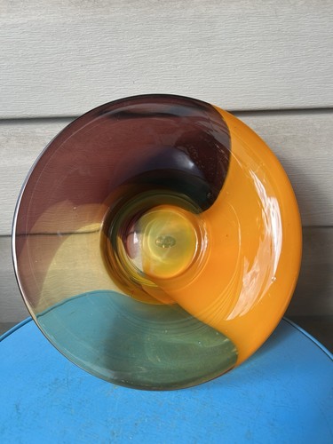 Vintage Teleflora Yellow Purple Orange Swirl Hand Blown Art Glass Bowl Vase 9"