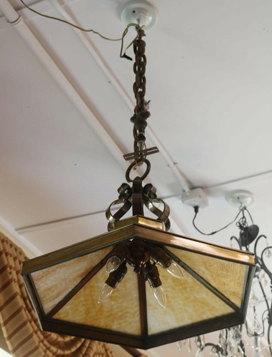Gorgeous Arts & Crafts HEAVY Slag Glass Mission Stained Glass Chandelier C1920 - Picture 4 of 6