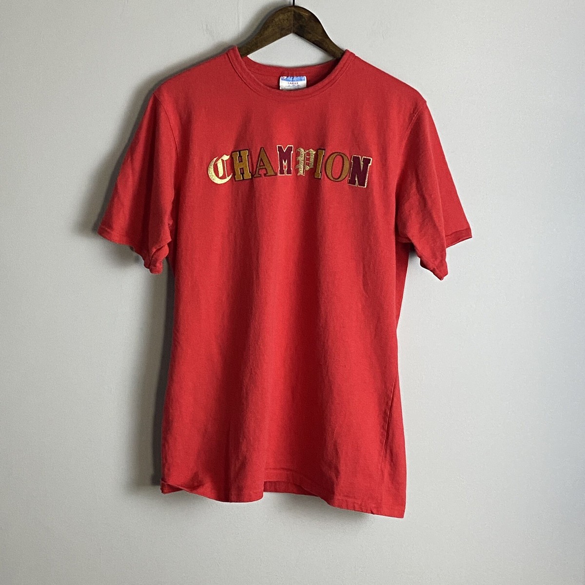 CHAMPION Mens Red Crew Neck Short Sleeve T Shirt Size L Old