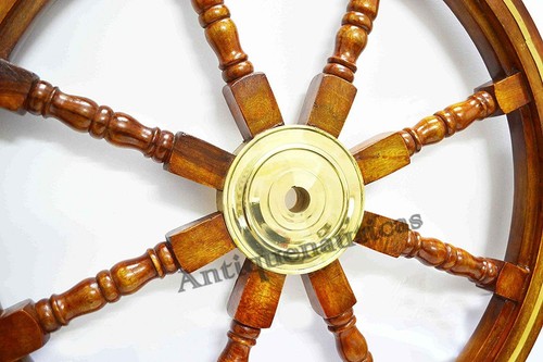 36" Wooden Ship Wheel Steering Pirate Nautical Brass Variety Of Decor Styles - Picture 3 of 4