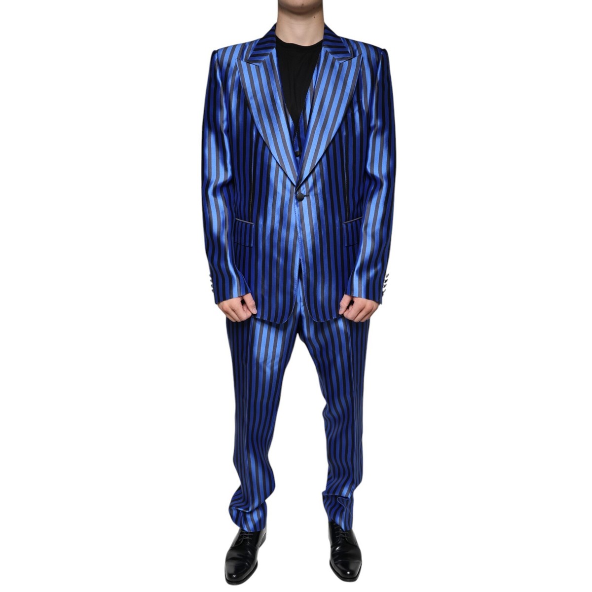 DOLCE & GABBANA Suit Metallic Blue Stripes Formal 3 Piece EU56