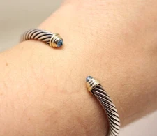 David Yurman Sterling Silver & 14kt 5mm Cable Blue Gemstone Cuff Bracelet