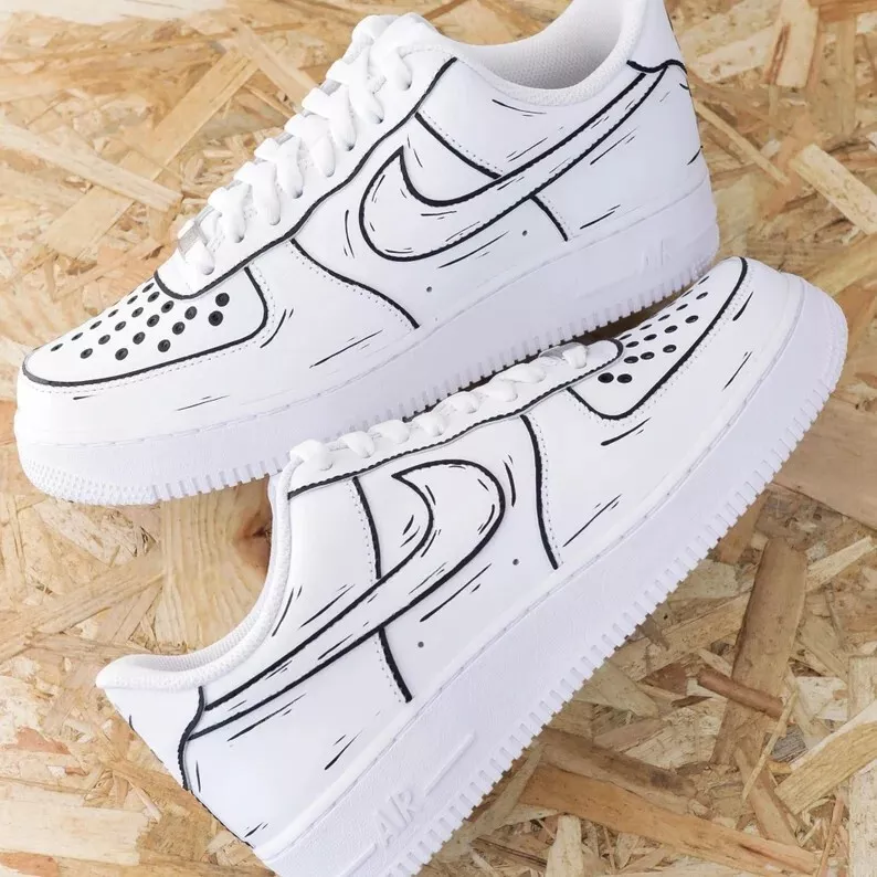 Nike Air Force 1 Custom Black Outline White Shoes Sneakers Mens