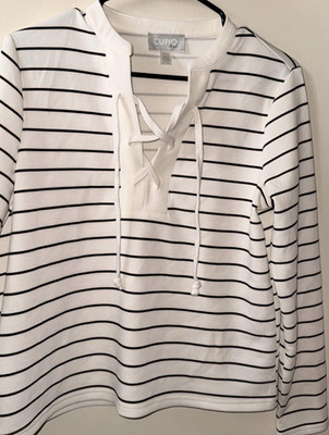 CUPIO White Black Striped Lace Up Knit Long Sleeve Split Neck Top Cotton M