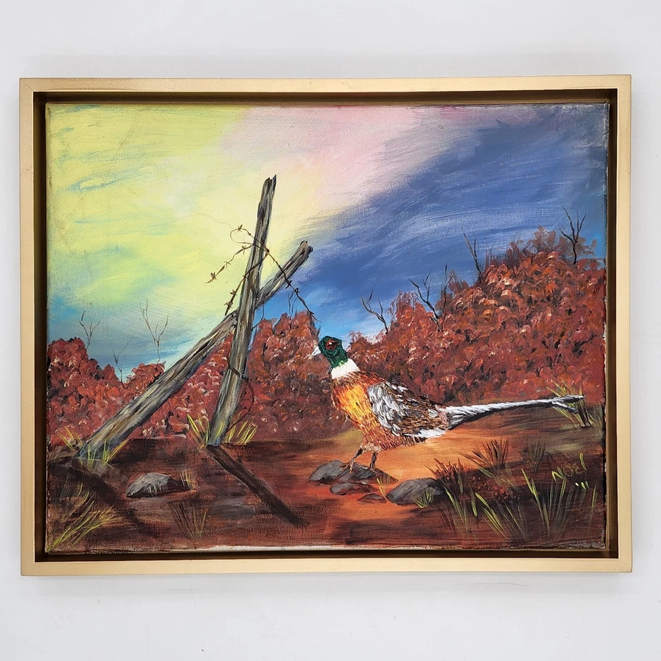 Pintura al óleo original anillo cuello faisán pájaro vida silvestre arte rústico otoño otoño Foto 4 de 4