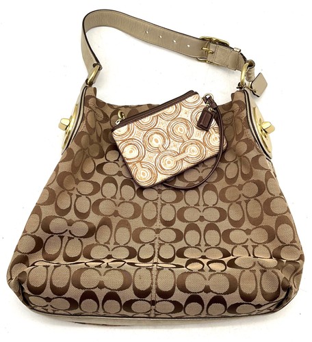 Coach Signature Brown Shoulder Bag W/Op Art Swirl Wallet Wristlet