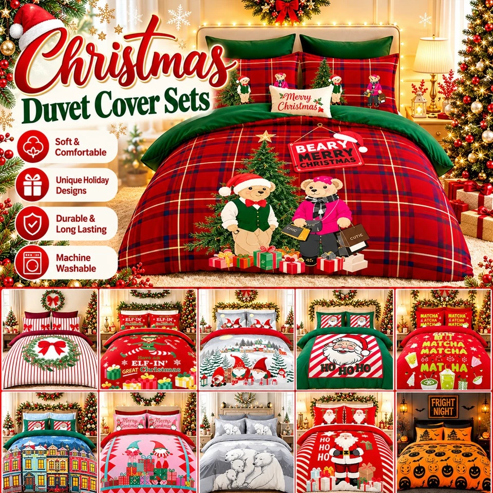 Christmas Duvet Cover Set Reversible Xmas Bedding Quilt Cover Single Double King - image 1 of 1