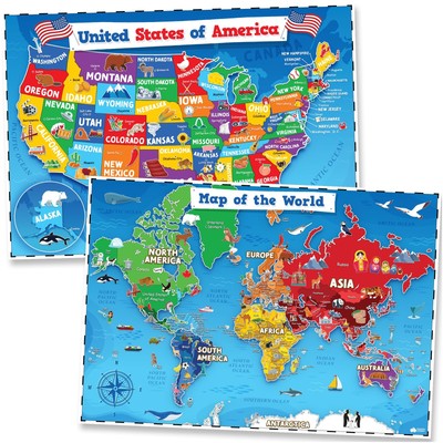 United States & World Map Poster for - 2 Pc - 24 x 16 Inch Waterproof USA & M...