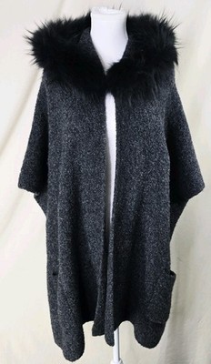 Luisa Cerano Cardigan Cape Poncho Black Knit w Fur Collar Open Front... Size 4